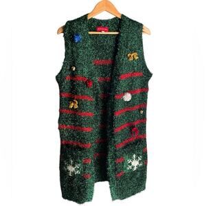 Blizzard Bay Tacky Christmas Long Sweater Vest Tinsel Green Red Embellishment M